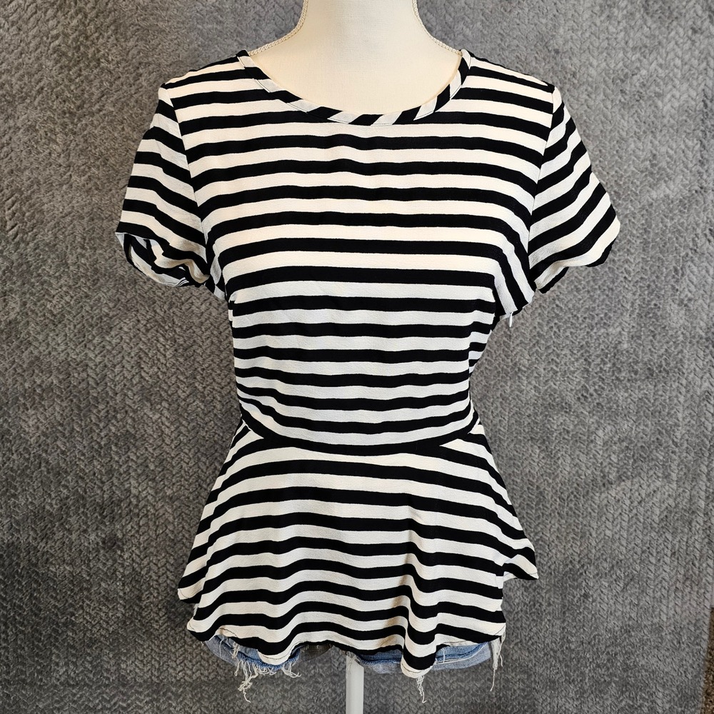 Banana Republic Womens Black White Striped Peplum Top Side Zip Rayon Size 12